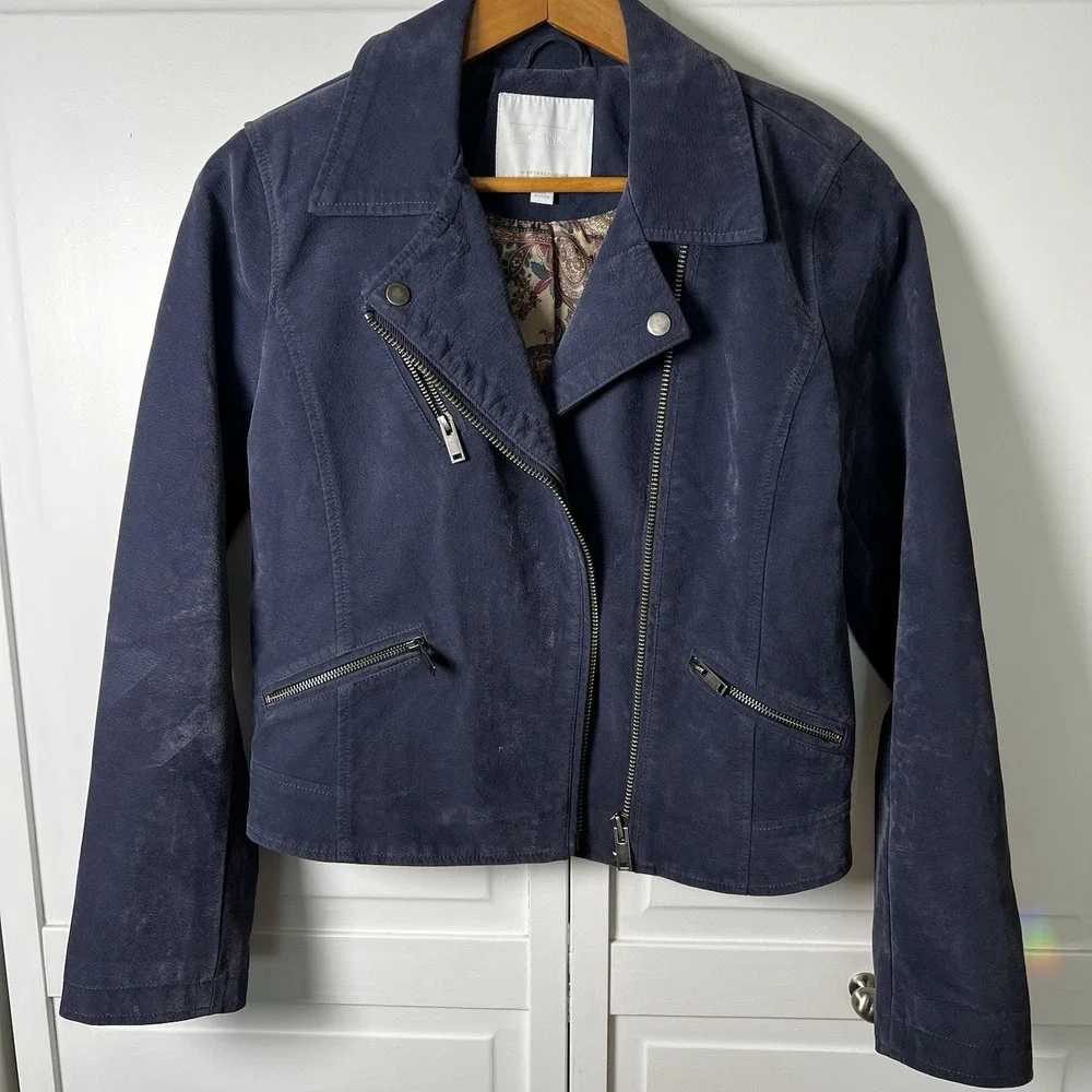 Anthropologie Women's Coat Small Biddle Moto Jacket Navy Suede Zip Lined Paisley